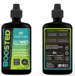 Finish Line BOOSTED Bio Wet chain lubricant 2oz and 4oz bottles.
