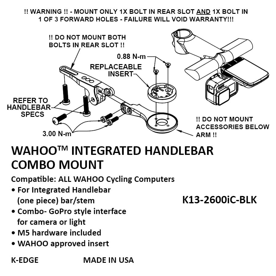 K-EDGE WAHOO Wahoo Integrated Handlebar System Combo Mounts 一體化車頭把手咪錶及攝錄機延伸碼 (黑色)