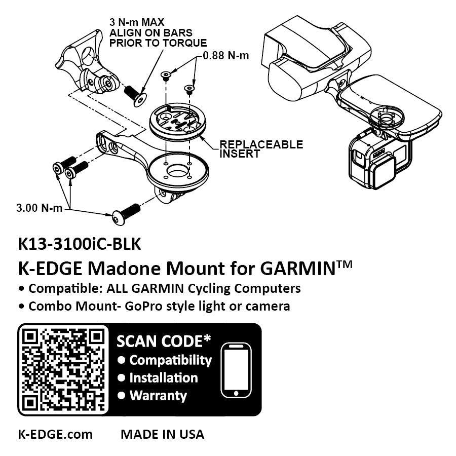 K-EDGE GARMIN Madone GEN 8 Combo 咪錶及攝錄機延伸碼 / K-EDGE GARMIN Gen. 8 Madone  Combo Mount - Black