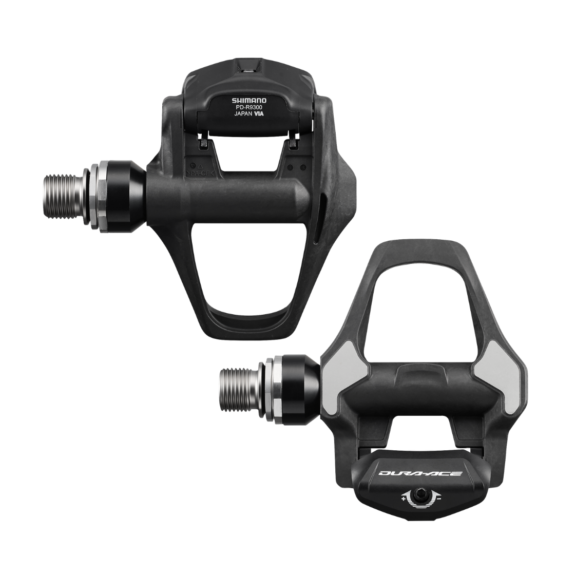 Shimano DURA-ACE PD-R9300 公路車腳踏正反面，展示注塑碳纖維本體與不銹鋼接觸板