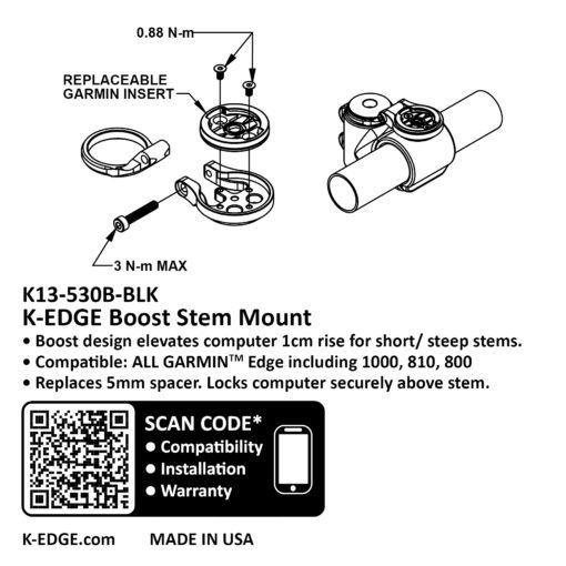 K-EDGE BOOST GARMIN STEM COMPUTER MOUNT ultra-short fork tube with meter extension code-BLACK black-ADJUSTABLE adjustable